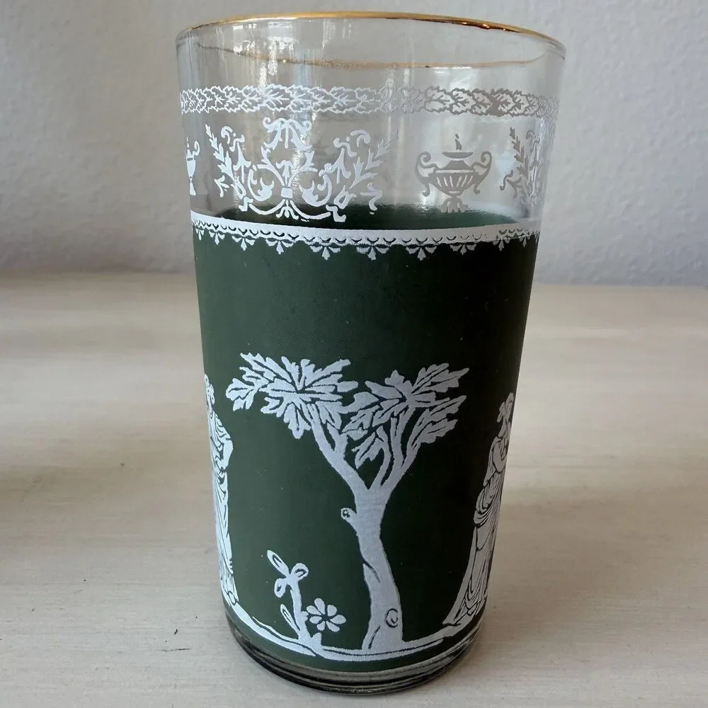 Set of 2 Vintage Jeanette Juice Glass Green Hellenic Jasperware Style Gold Rim